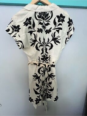 NWT Zara Black & White Floral Belted Linen Blend Mini Dress | Size Medium